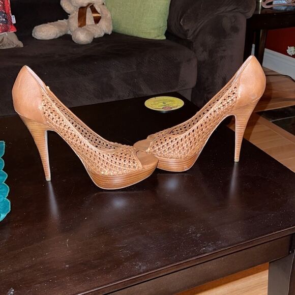 Brown Weaved Peep Toe Stilettos - Picture 3 of 9